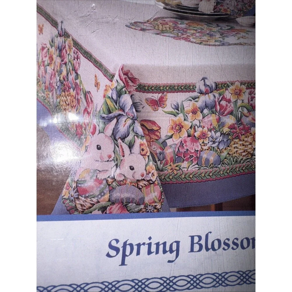 Vtg Easter Tablecloth 52x70” Eggs Basket Flower Garden Bunnies Tulips Bardwil